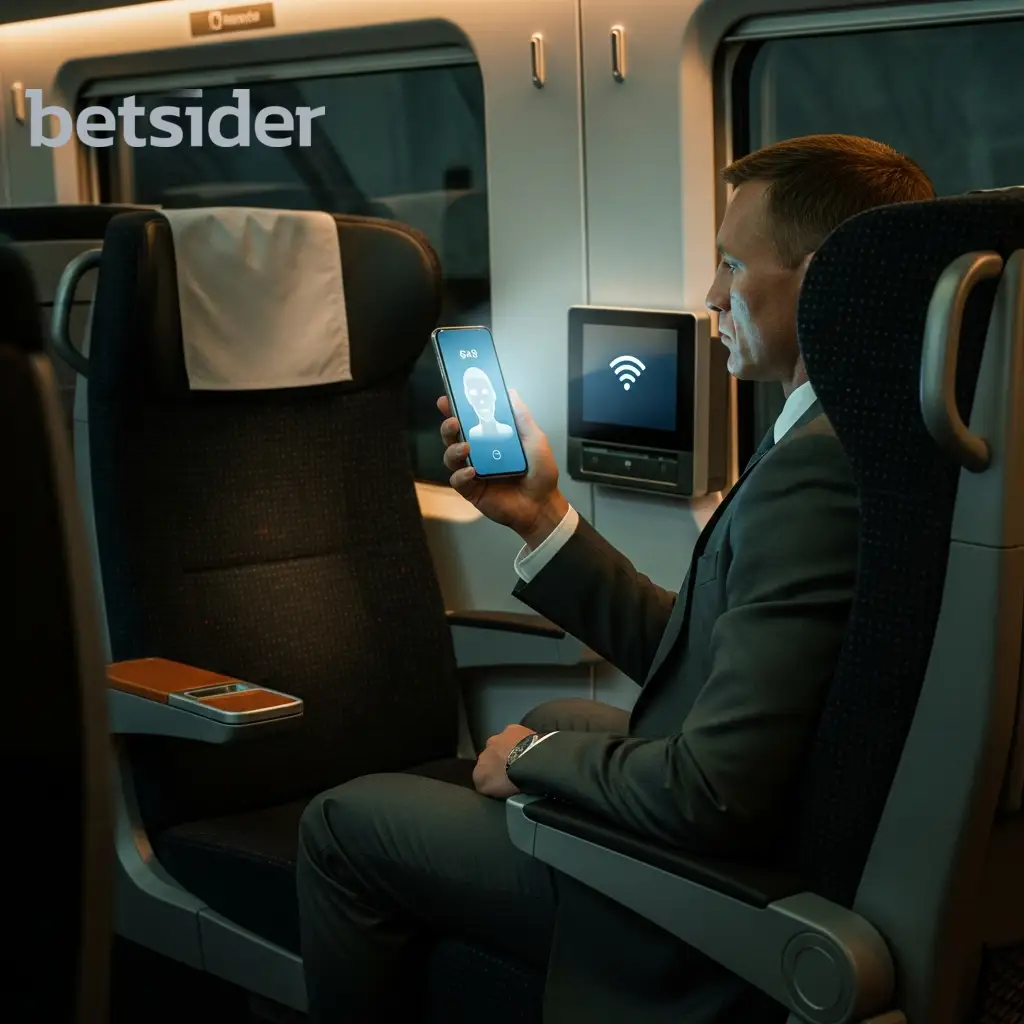 Pessoa a usar reconhecimento facial num telemóvel dentro de um transporte